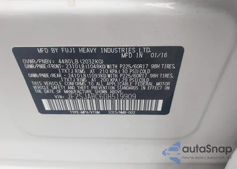 2016 Subaru Forester 2.5I из США, поврежденный, VIN JF2SJABC6GH519909